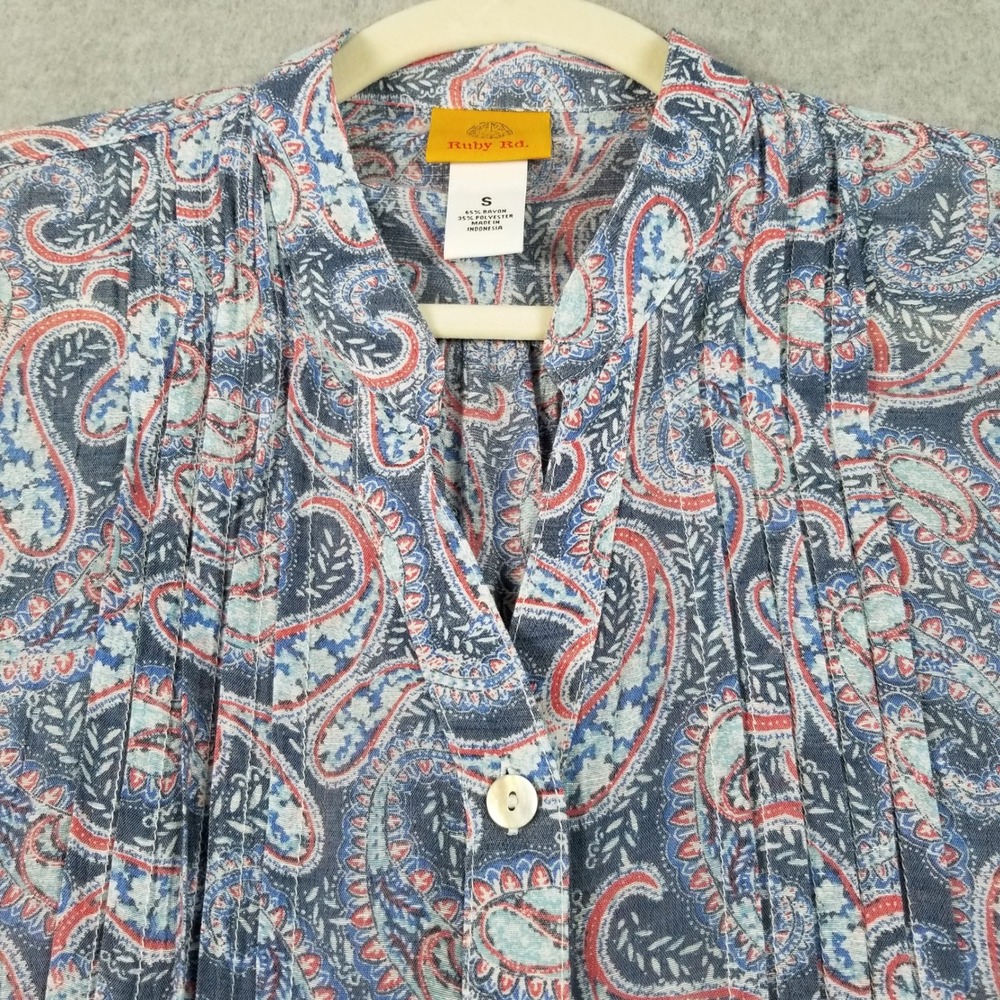Ruby Rd Button Up Shirt Women's Small S Blue Red Paisley See Through 3/4 Sleeve - Picture 2 of 9
